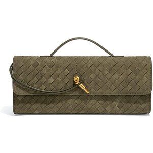 Elegant Olive Green Suede Woven Handbag with Gold Lock - Evening Clutch Purse